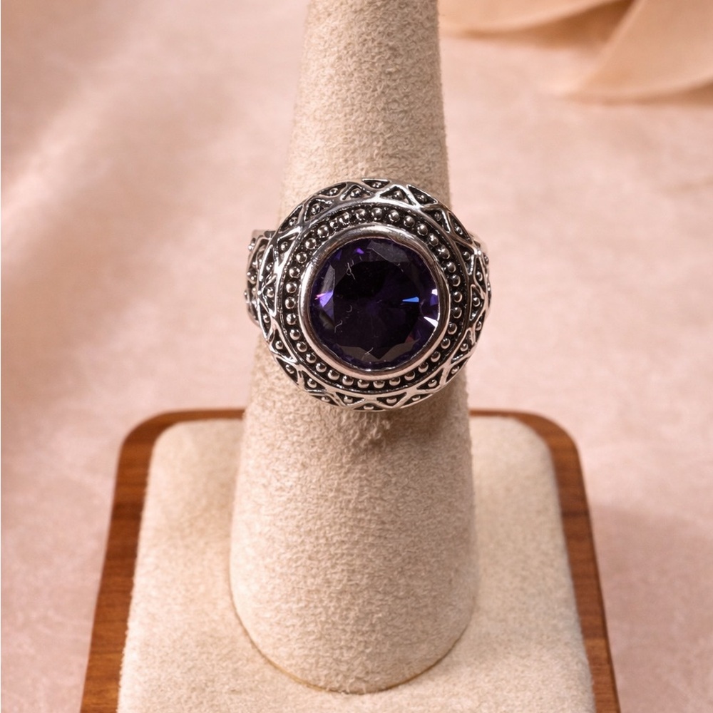 Gothic Purple Crystal Cocktail Ring Crown Hallmark Size 5 Medieval Style